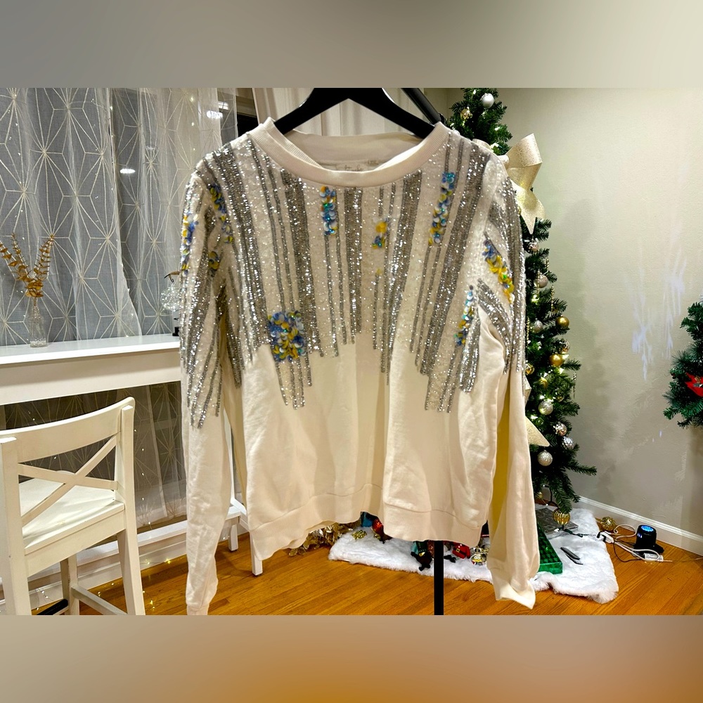 Anthropologie Glistening Cascade: Cream Sequined Top with Floral Beadwork